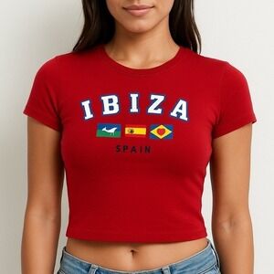 Forever 21 Ibiza Spain Crop Top SMALL Red Casual Graphic T-Shirt Streetwear